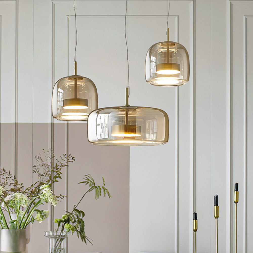 Aurora Retro LED Pendant Light in Gold Metal Amber Glass
