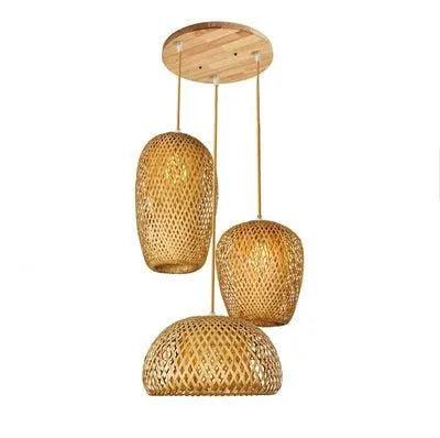 Set of 3 Bamboo Hanging Ceiling Lamps, Handmade Wooden Rattan Lights for Home Decor