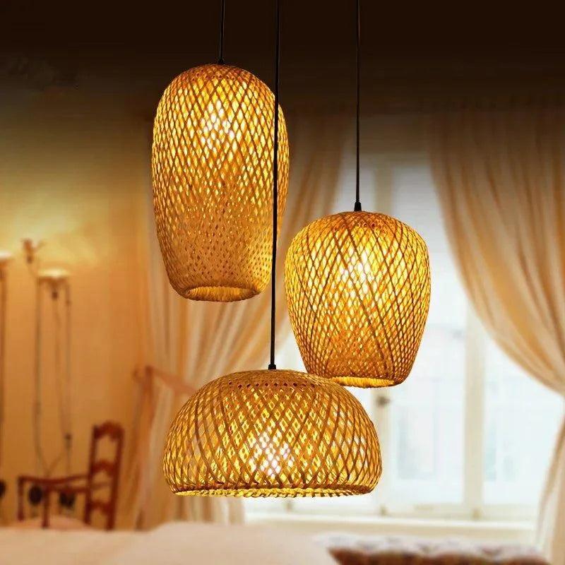 Set of 3 Bamboo Hanging Ceiling Lamps, Handmade Wooden Rattan Lights for Home Decor