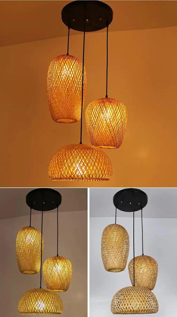 Set of 3 Bamboo Hanging Ceiling Lamps, Handmade Wooden Rattan Lights for Home Decor