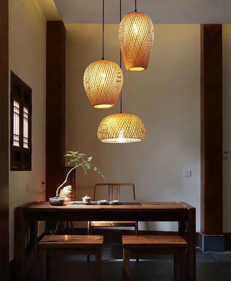 Set of 3 Bamboo Hanging Ceiling Lamps, Handmade Wooden Rattan Lights for Home Decor