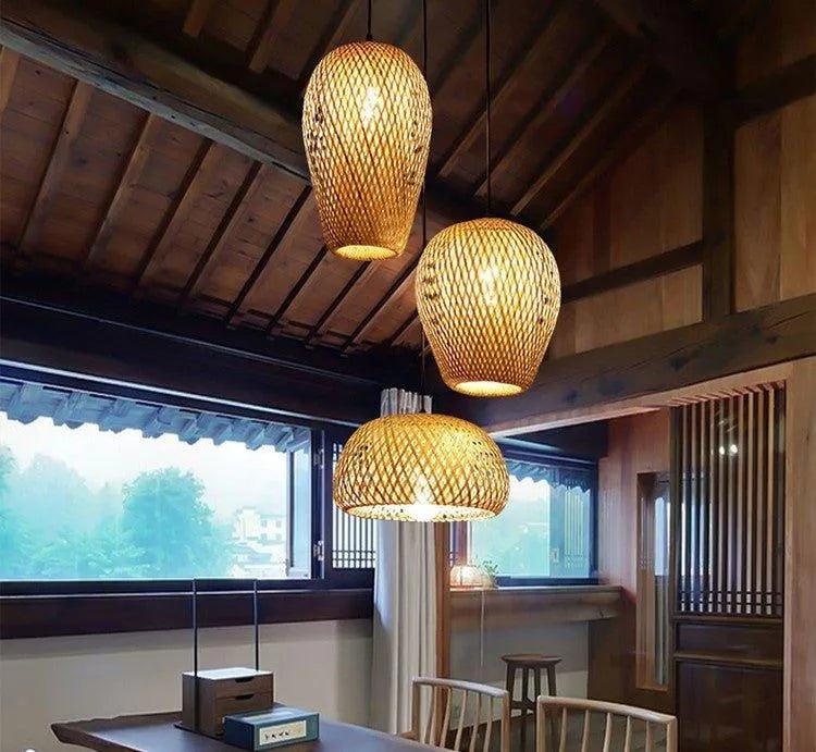 Set of 3 Bamboo Hanging Ceiling Lamps, Handmade Wooden Rattan Lights for Home Decor