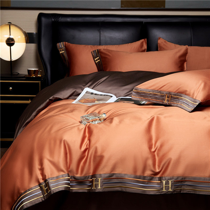 LumaLux Satin Cotton Embroidered Bedding Set 4 Piece