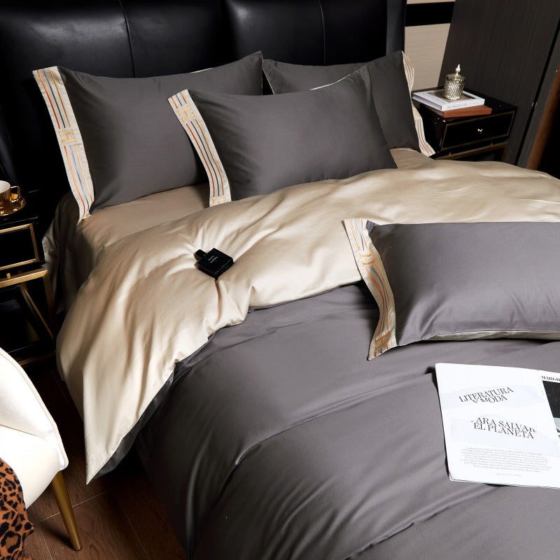 Set di biancheria da letto ricamato in cotone satinato LumaLux 4 pezzi