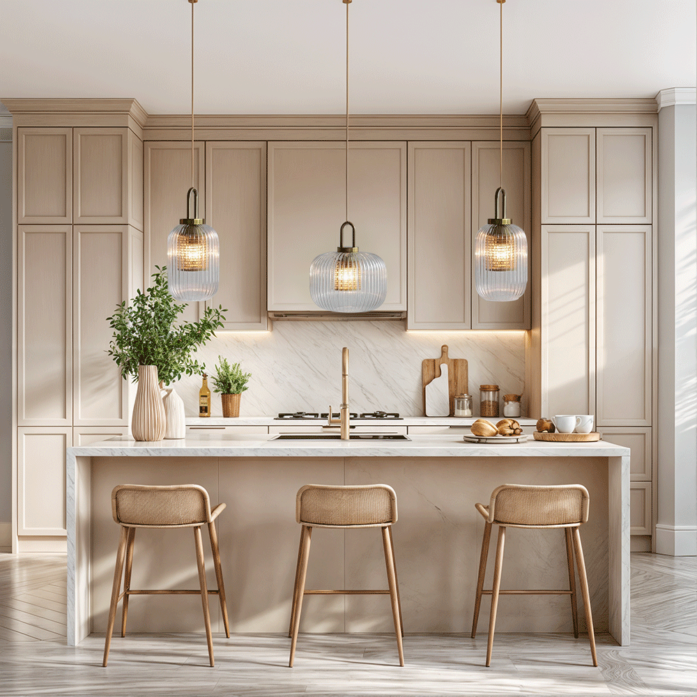 Lampadario in vetro nordico AstraLume con striscia scanalata luminosa