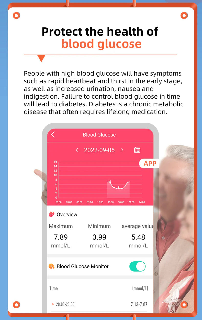 שעון בריאות חכם MiraSense V09 ניטור חד-מגע של רמת סוכר בדם, אק"ג, לחץ דם ו-HRV