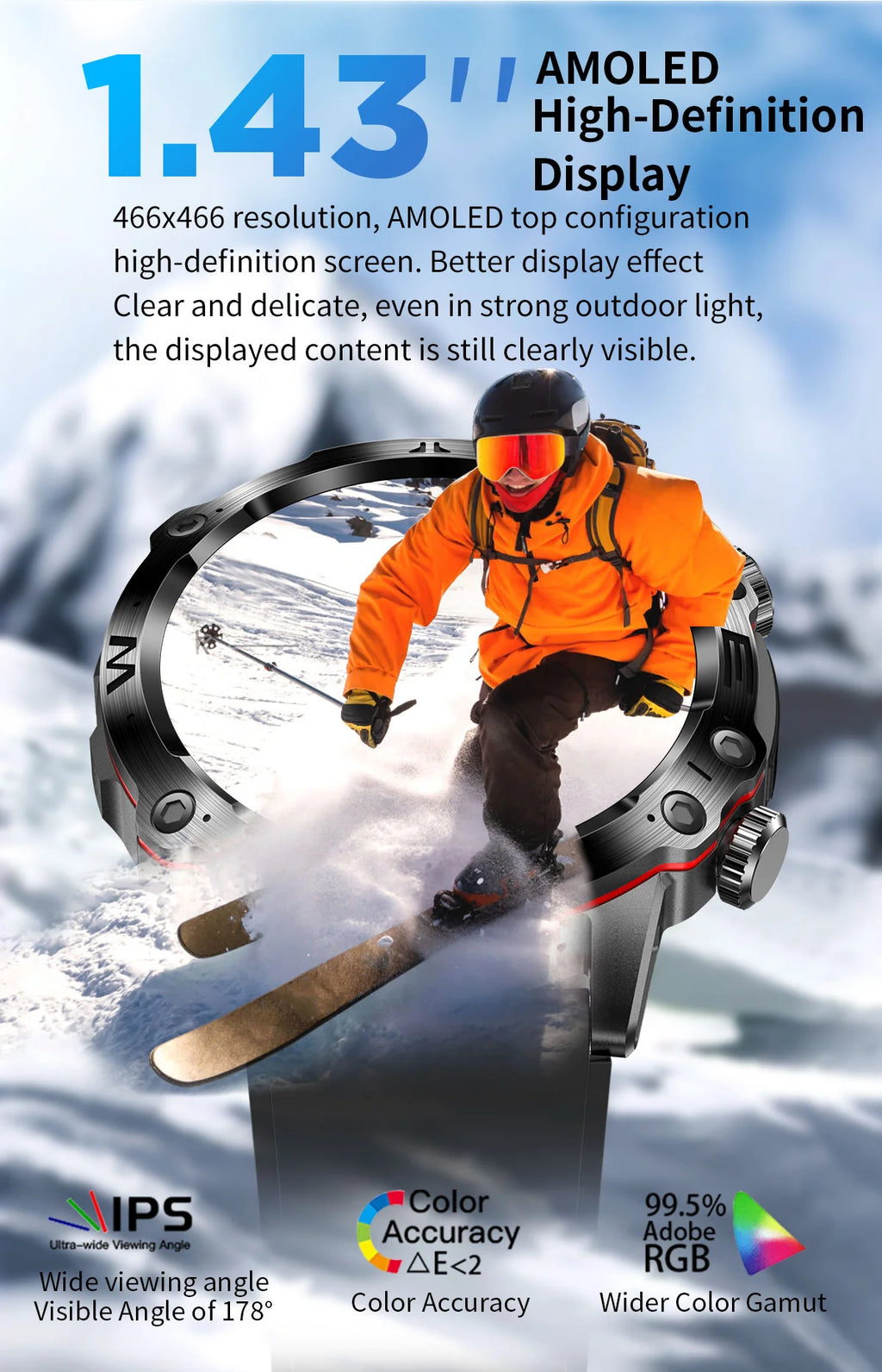 שעון חכם לבריאות Vireson LX עם מסך מגע AMOLED בגודל 1.43 אינץ', מד דופק, לחץ דם, סוכר בדם, BMI, שיחות בבלוטות'