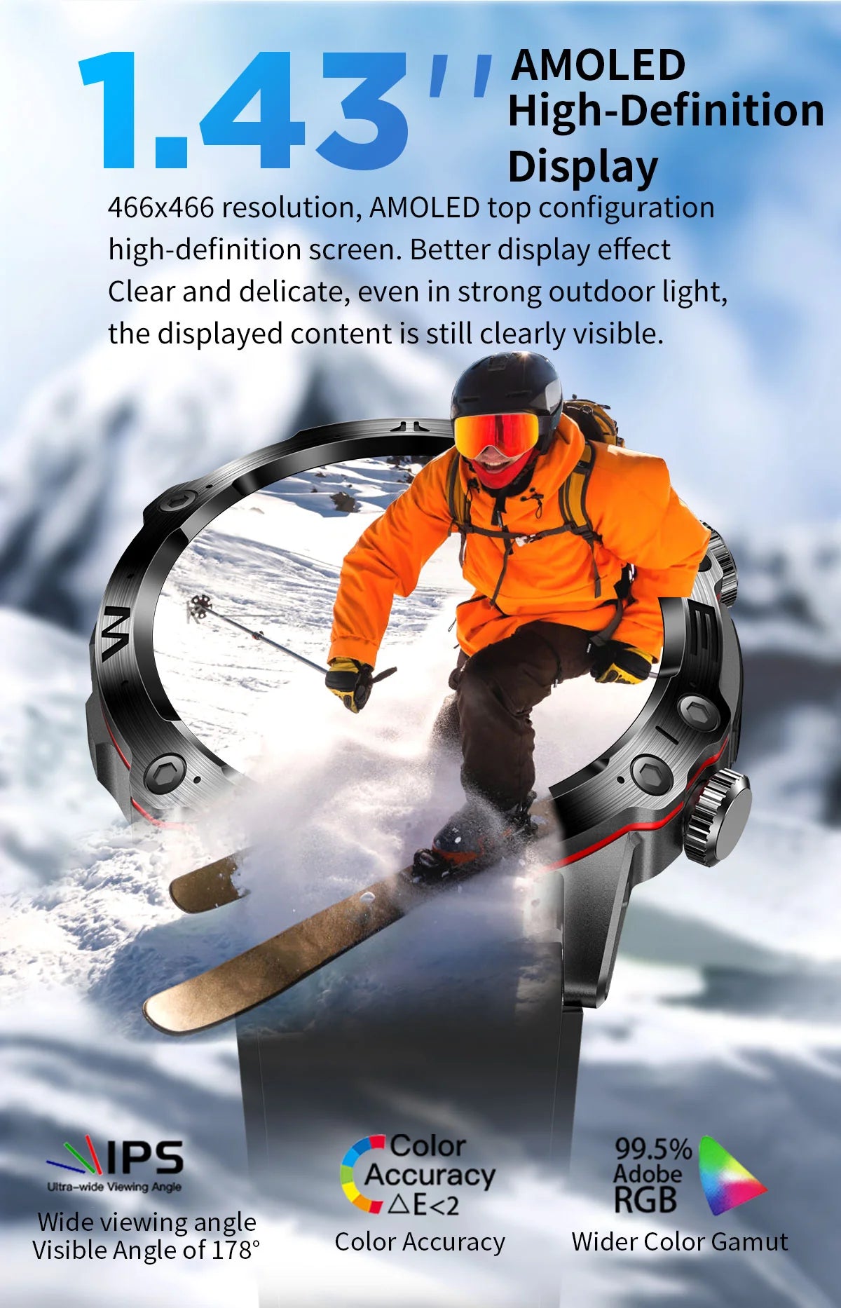 שעון חכם לבריאות Vireson LX עם מסך מגע AMOLED בגודל 1.43 אינץ', מד דופק, לחץ דם, סוכר בדם, BMI, שיחות בבלוטות'