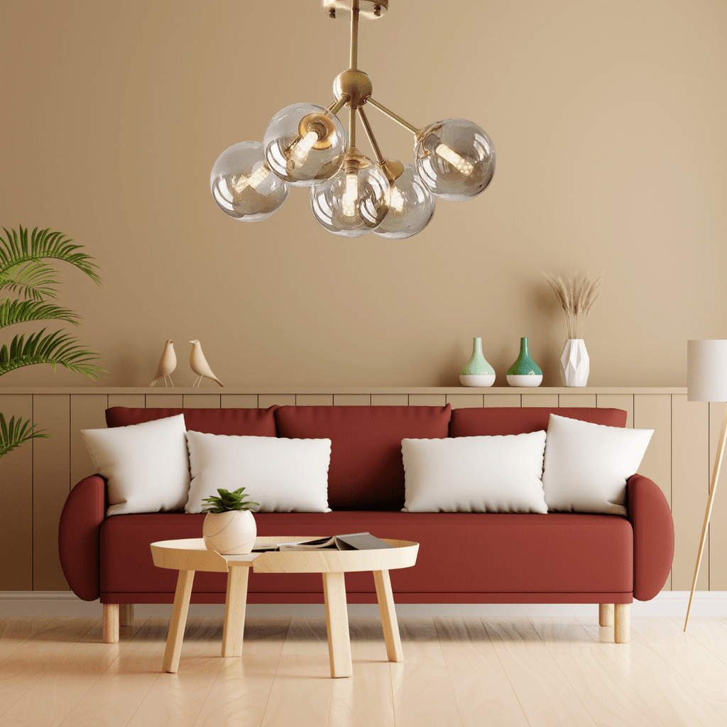 Lámpara colgante de vidrio ámbar MoleculeGlow con brillo suave