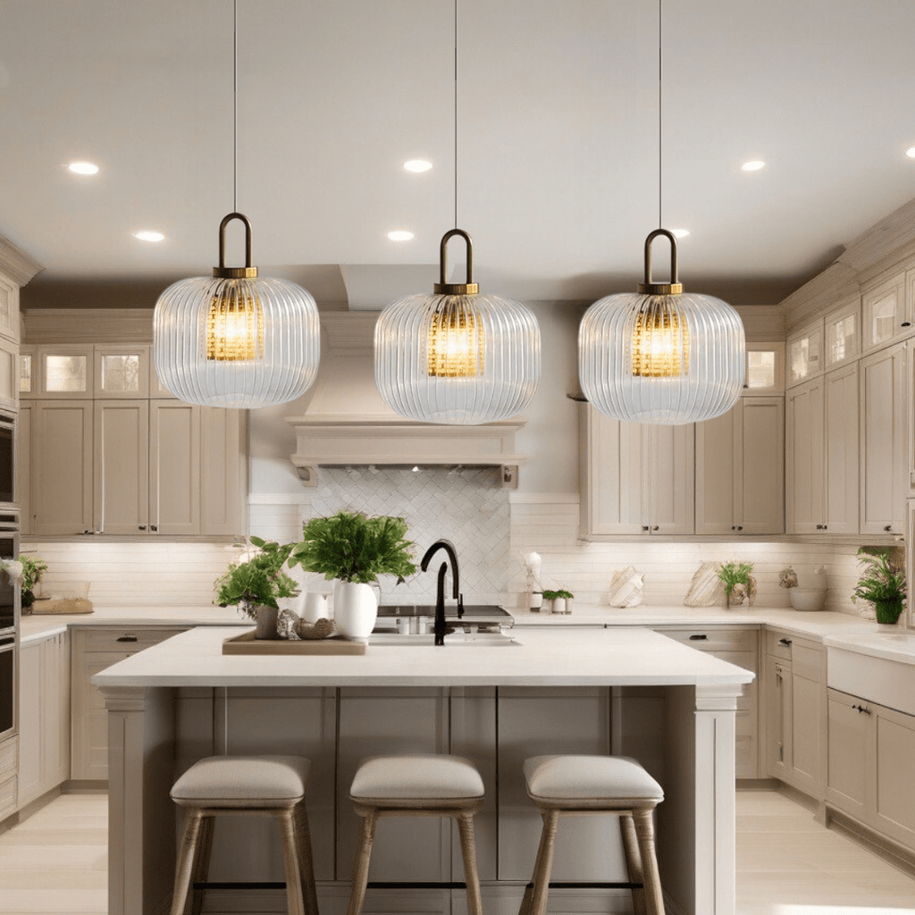 Lampadario in vetro nordico AstraLume con striscia scanalata luminosa