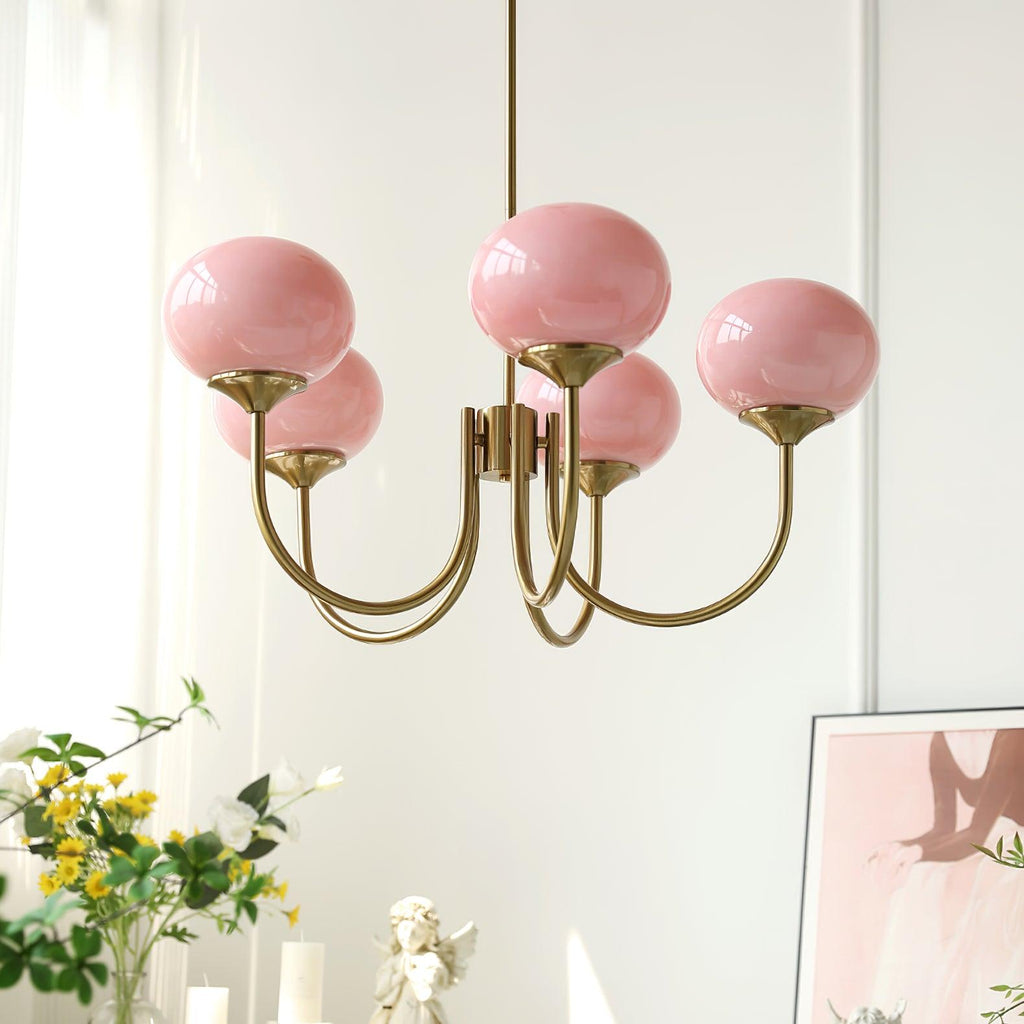 Moderno soffitto a 3 o 5 luci - Finitura dorata con paralumi in vetro rosa