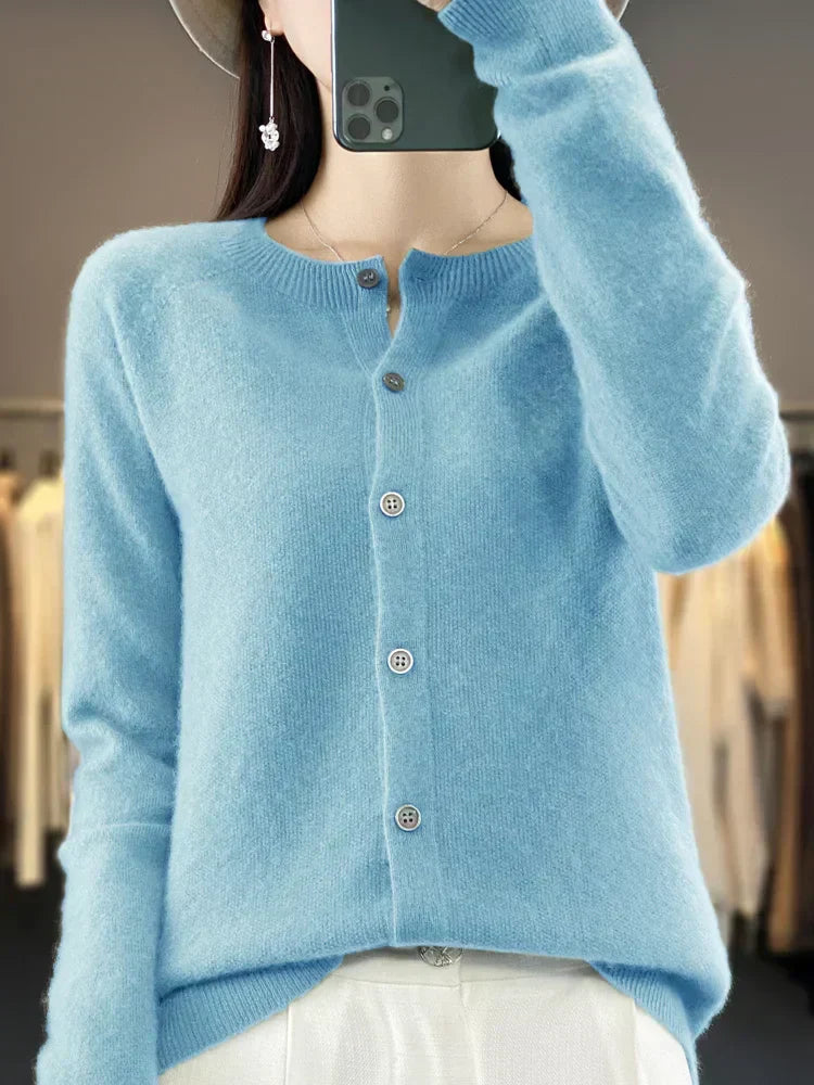 Cardigan in lana merino con scollo a O per donna maglia morbida top accogliente