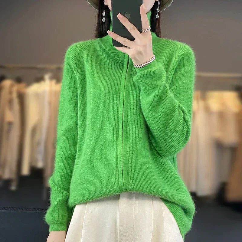 נובה 100% קשמיר קרדיגן עם רוכסן סגנון קוריאני רפוי סרוג