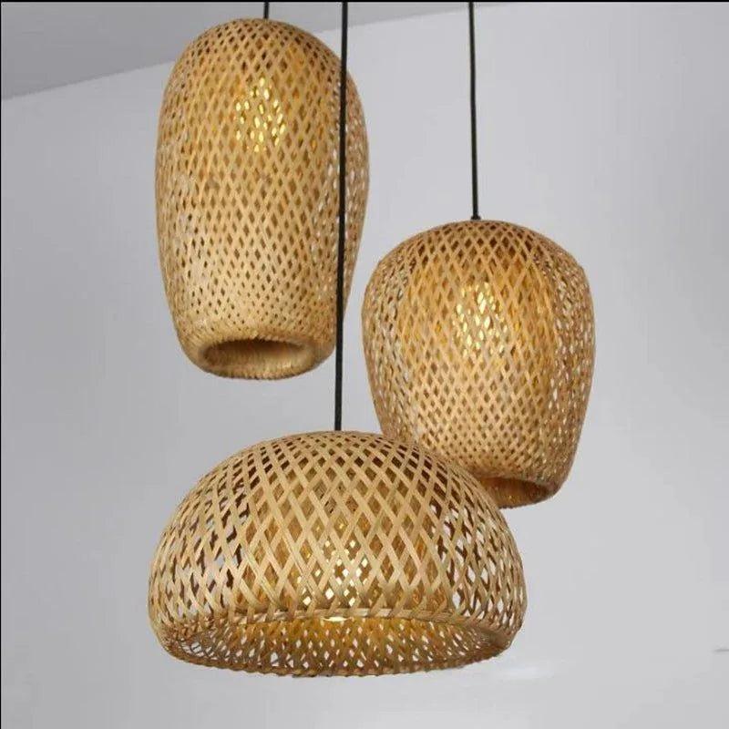 Set of 3 Bamboo Hanging Ceiling Lamps, Handmade Wooden Rattan Lights for Home Decor