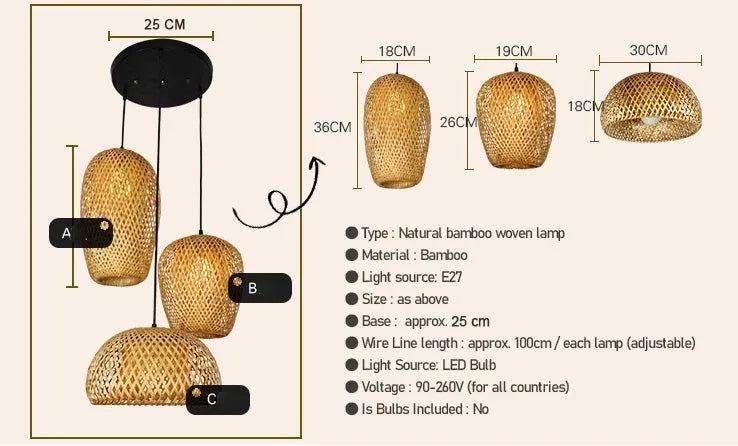 Set of 3 Bamboo Hanging Ceiling Lamps, Handmade Wooden Rattan Lights for Home Decor