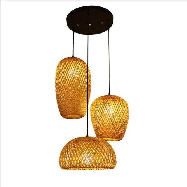 Set of 3 Bamboo Hanging Ceiling Lamps, Handmade Wooden Rattan Lights for Home Decor