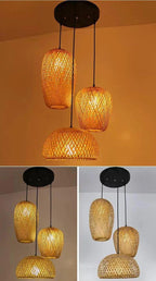 Set om 3 bambuhängande taklampor, handgjorda trä- och rottinglampor för heminredning