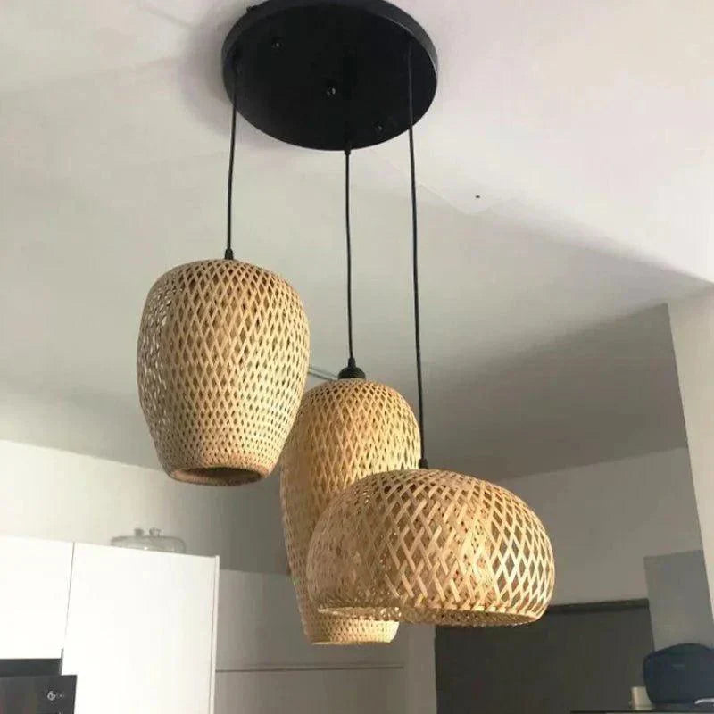 Set of 3 Bamboo Hanging Ceiling Lamps, Handmade Wooden Rattan Lights for Home Decor